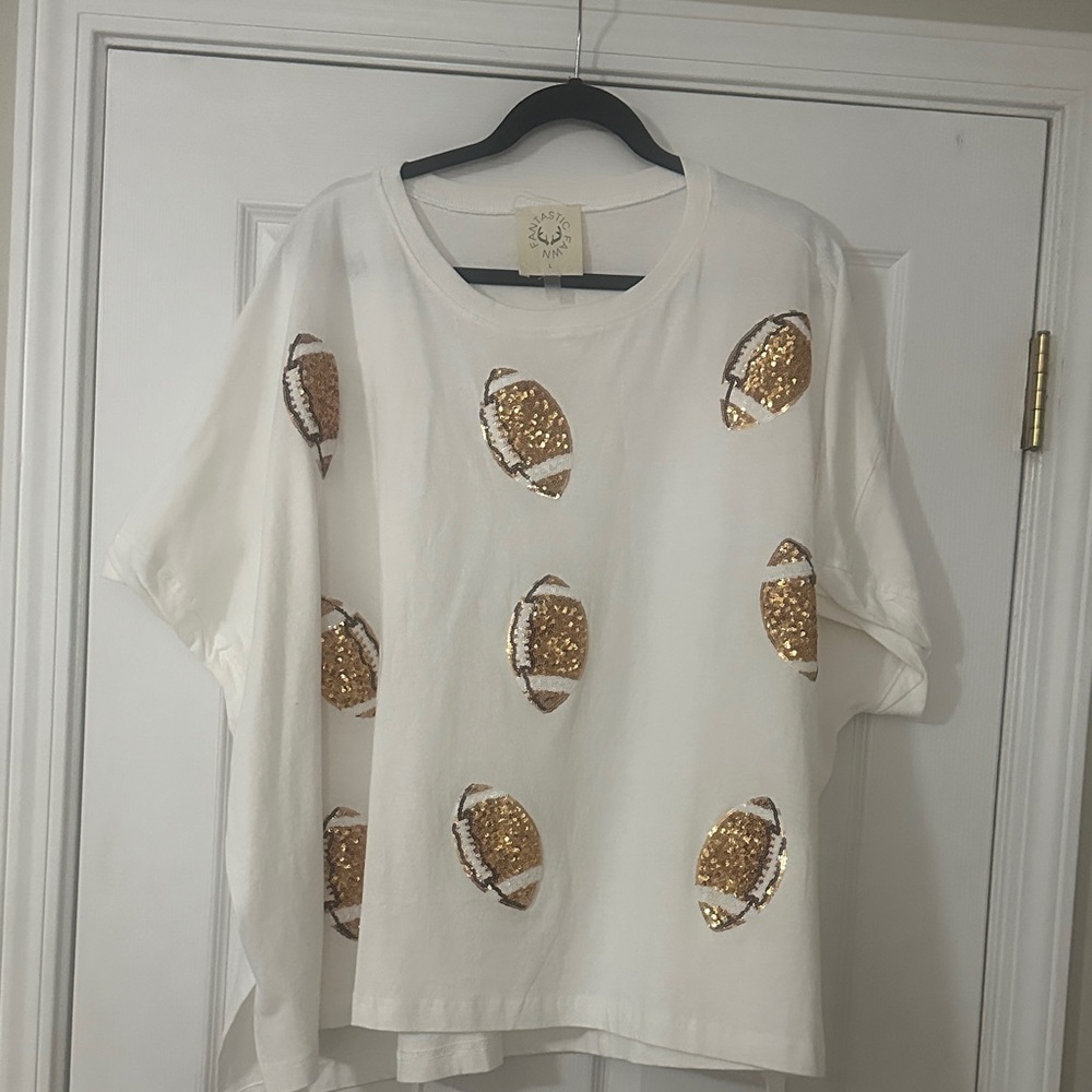 Fantastic Fawn White Top with Gold Sequin Footballs
